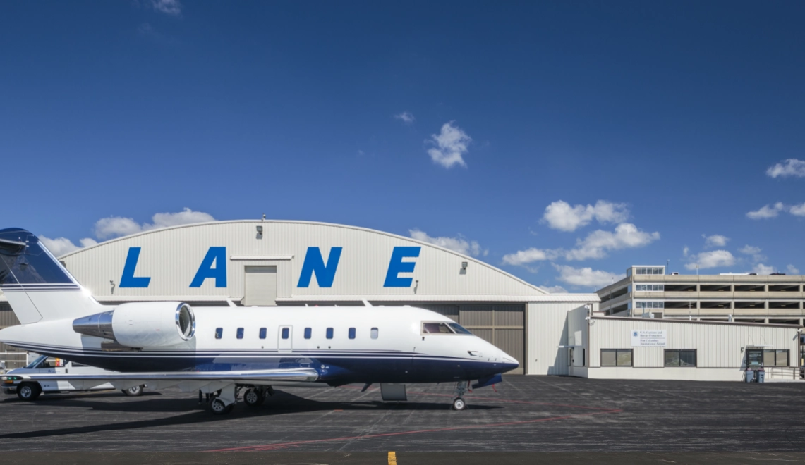 Private jet parked outside the Lane Aviation charter facility in Columbus, Ohio, highlighting private jet charter services, executive aviation, and aircraft operations.